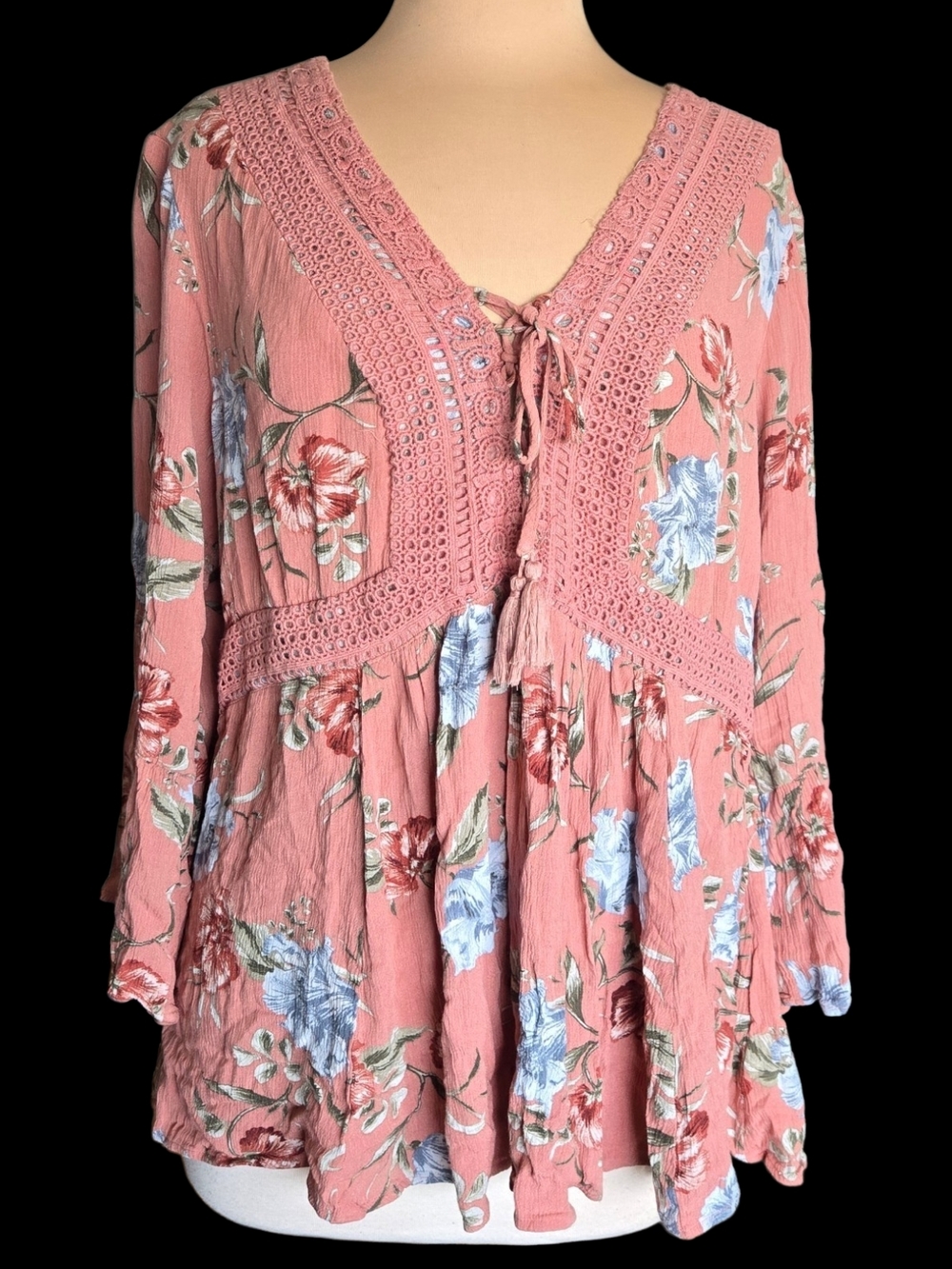 Torrid Pink Floral Tie-Front Top with Blue Blooms